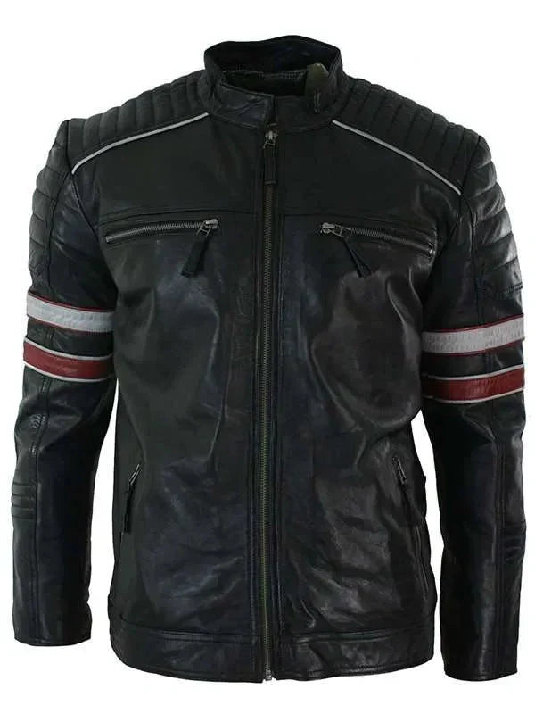 Men’s Black Red & White Stripes Moto Leather Jacket
