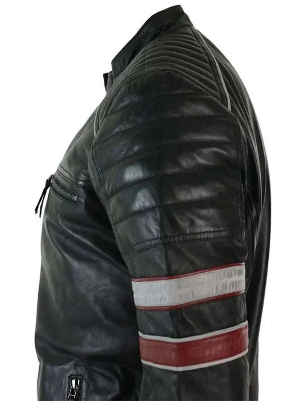 Men’s Black Red & White Stripes Moto Leather Jacket
