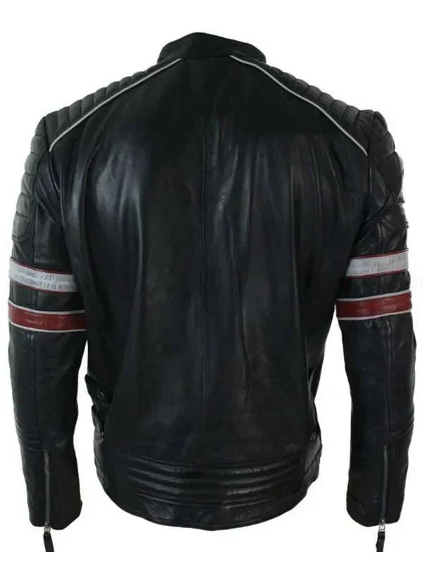 Men’s Black Red & White Stripes Moto Leather Jacket