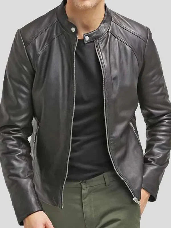 Men Cafe Racer Black Slim Fit Real Leather Jacket