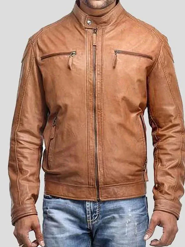 Men’s Cafe Racer 4 Zipper Pockets Brown Real Leather Jacket