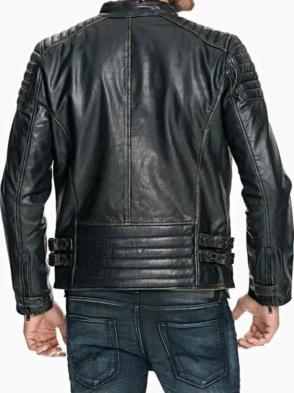 Men Quilted Sheepskin Distressed Black Leather Jacket