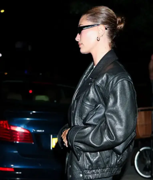 Hailey Bieber NYC 2025 Black Leather Jacket