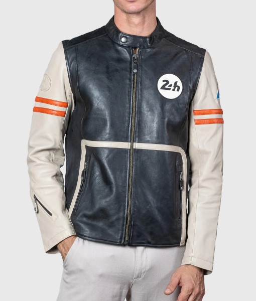 Mans Karl 24h Le Ecru Black Leather Jacket