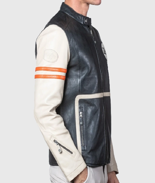 Mans Karl 24h Le Ecru Black Leather Jacket