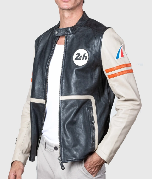 Mans Karl 24h Le Ecru Black Leather Jacket