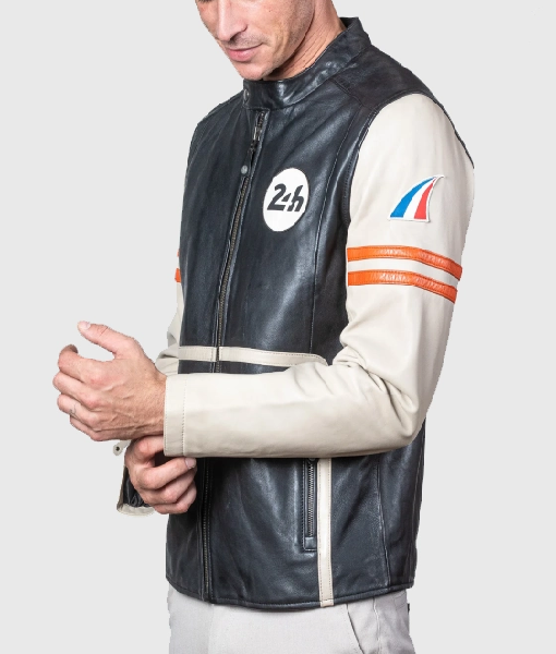 Mans Karl 24h Le Ecru Black Leather Jacket