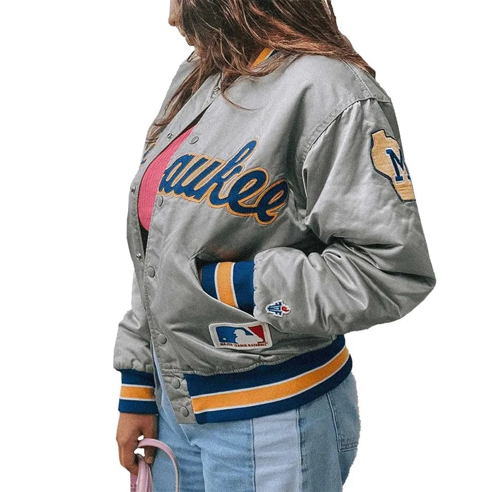 Milwaukee Brewers Grey Varsity Satin Jacket