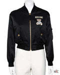 Moschino Couture Black Teddy Print Synthetic Cropped Bomber Jacket