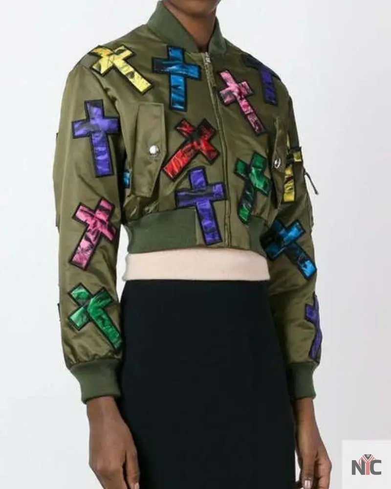 Moschino Couture Jeremy Scott Allover Colorful Cross Patch Cropped Bomber Jacket