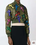 Moschino Couture Jeremy Scott Allover Colorful Cross Patch Cropped Bomber Jacket