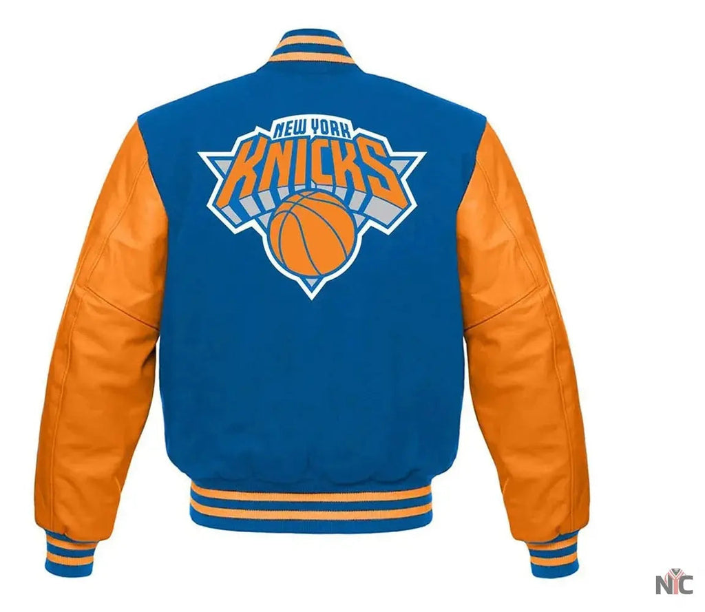NY Knicks Blue and Orange Varsity Jacket	New York Knicks Jackets / NBA
