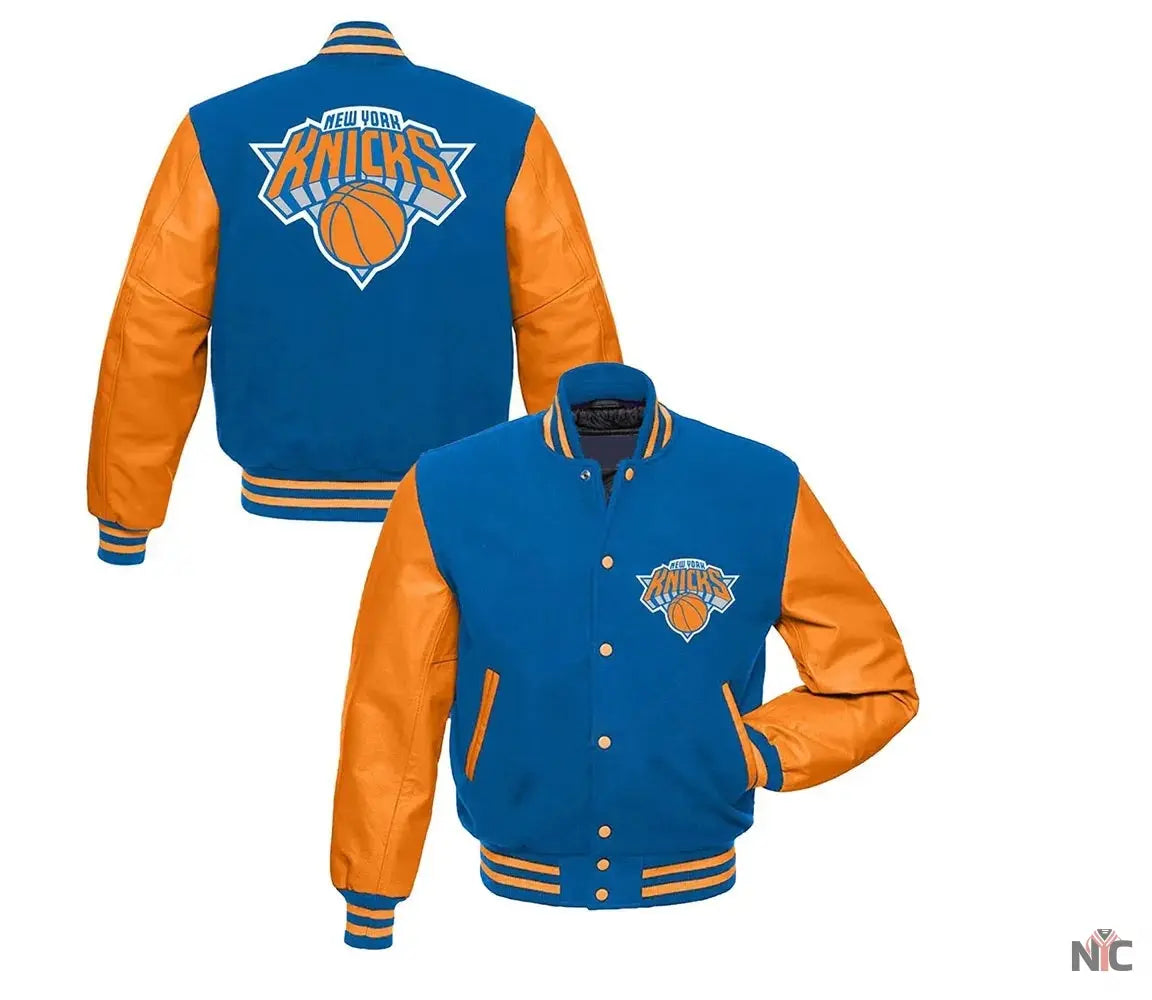 NY Knicks Blue and Orange Varsity Jacket	New York Knicks Jackets / NBA