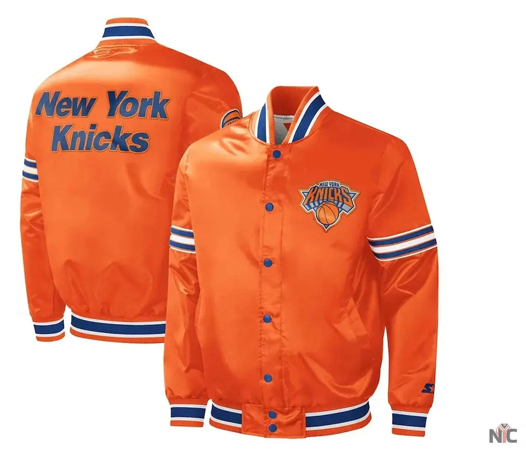 NY Knicks Slider Varsity Orange Satin Jacket