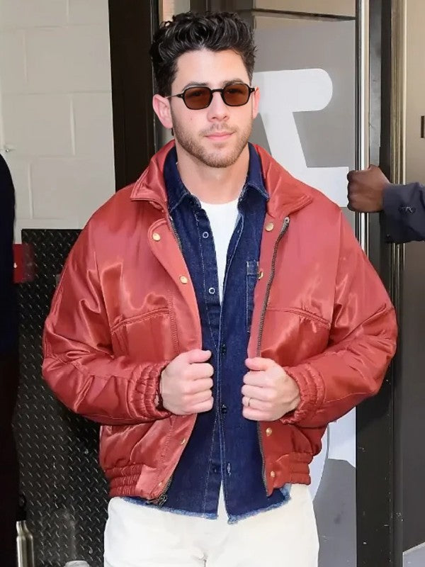 NYC 2026 Nick Jonas Red Bomber Jacket
