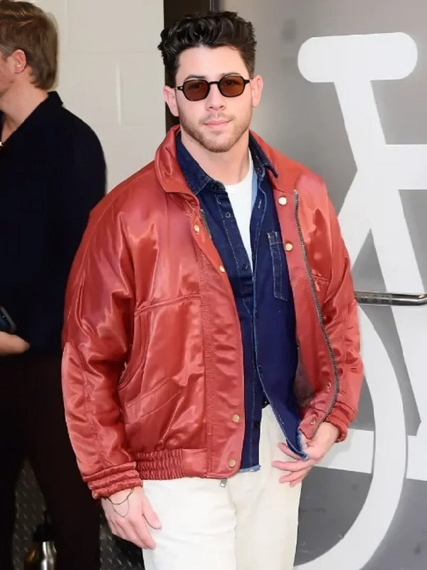 NYC 2026 Nick Jonas Red Bomber Jacket
