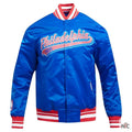 Philadelphia 76ers Script Tail Royal Satin Varsity Jacket