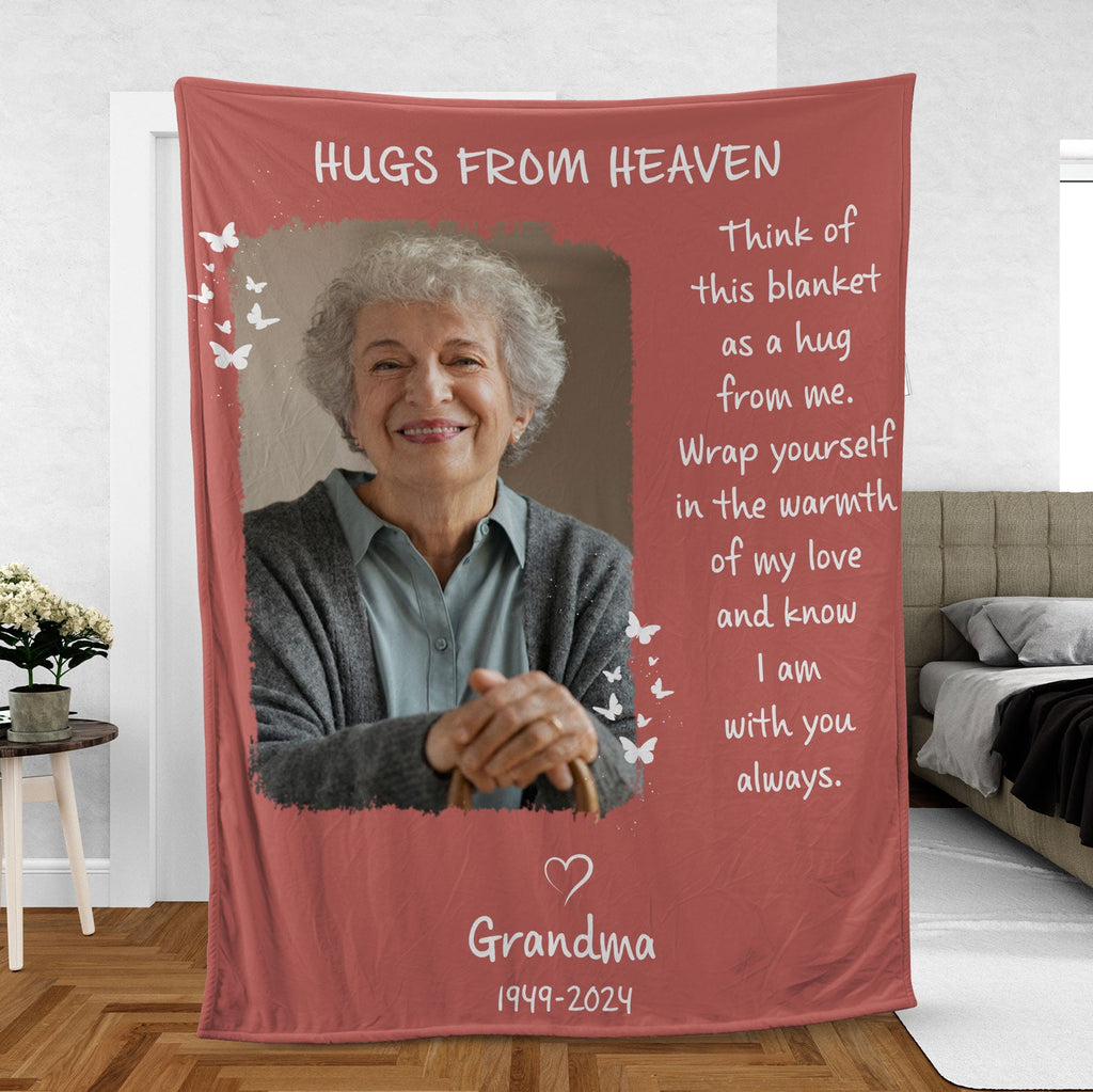 Think Of This Blanket As A Hug From Me, Personalized Memorial Blanket, Memorial Custom Photo Blanket, Remembrance Gift- 681967