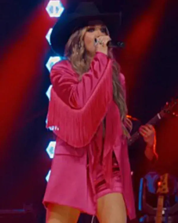 The Road S01 Britnee Kellogg Pink Satin Fringed Blazer