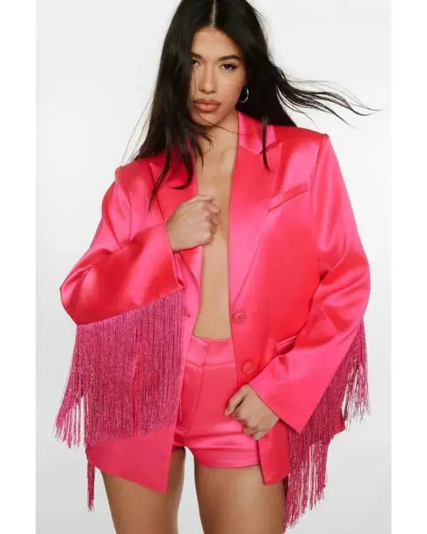 The Road S01 Britnee Kellogg Pink Satin Fringed Blazer