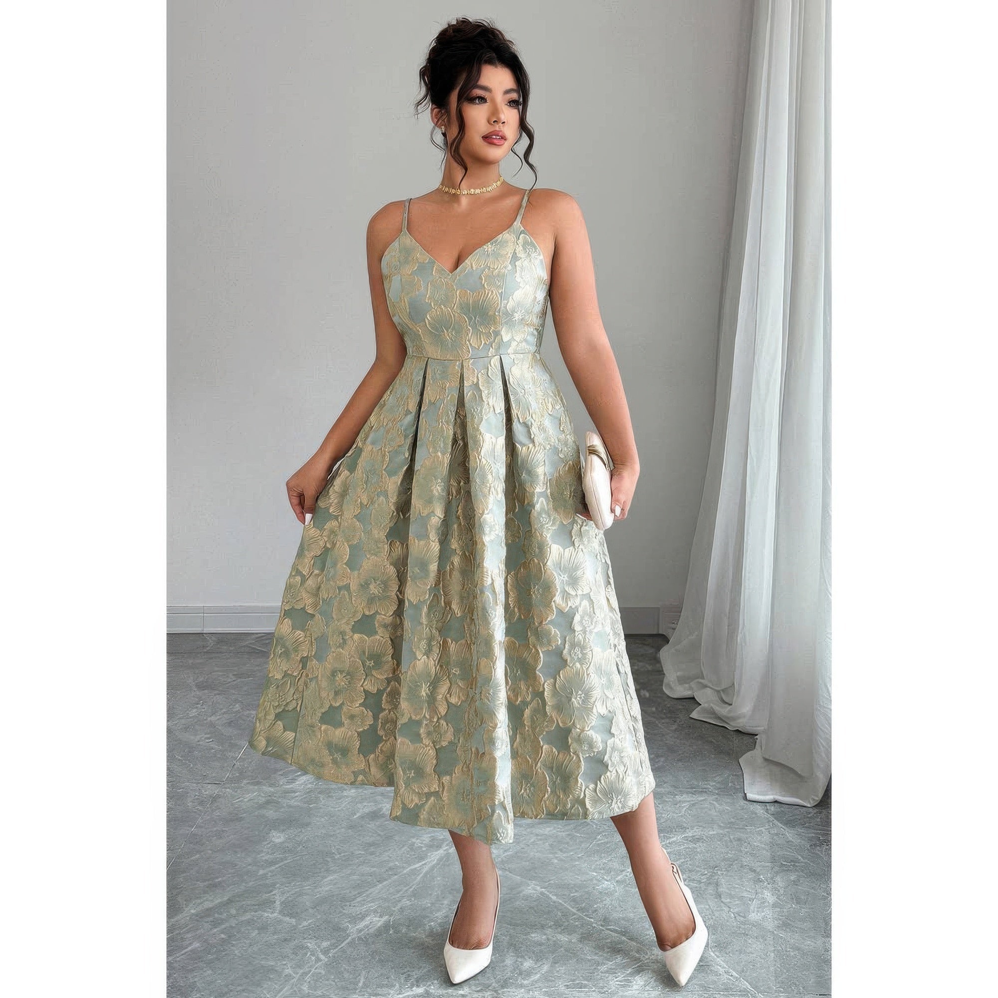 Primakind Plus Size Jacquard Elegant Spaghetti Strap Dress