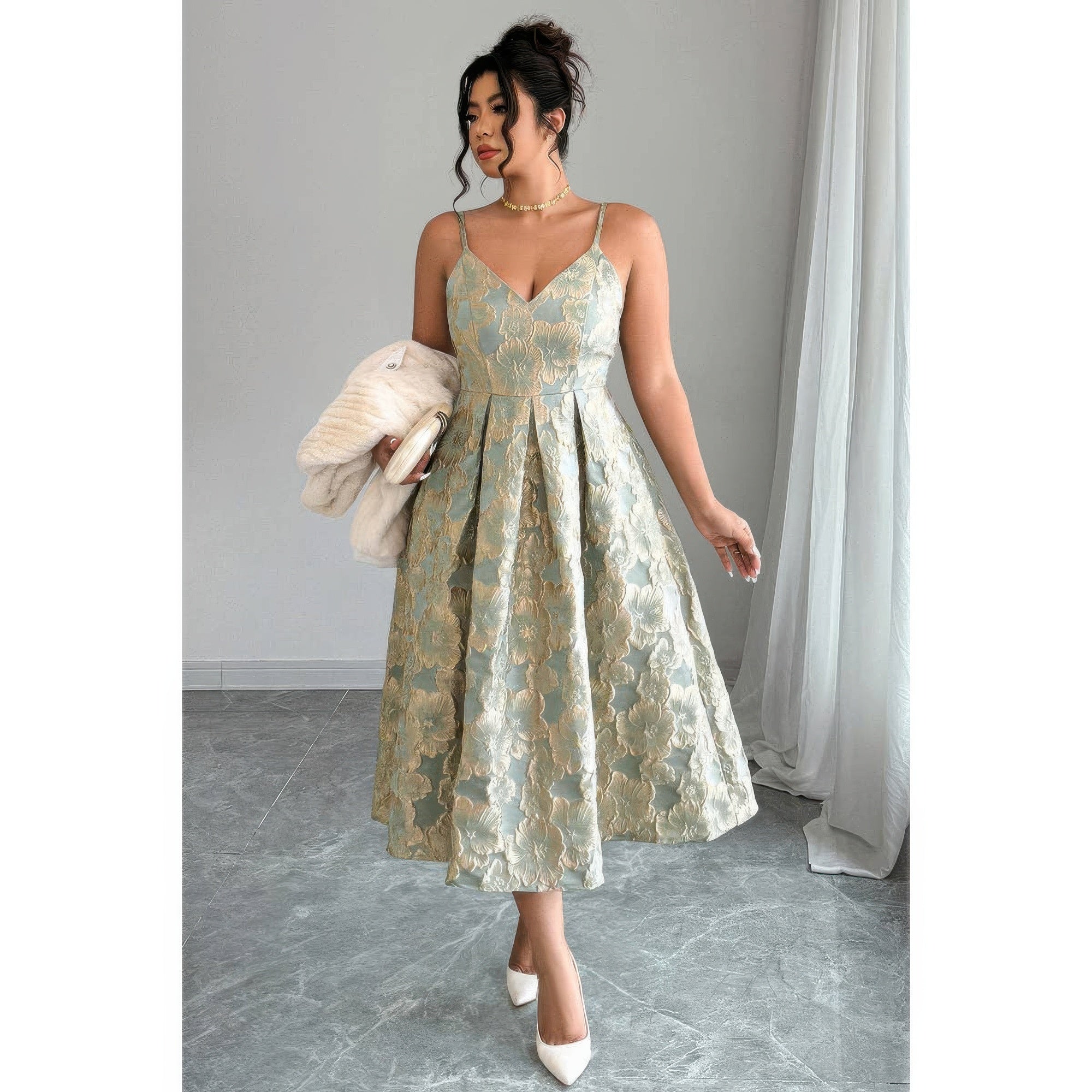 Primakind Plus Size Jacquard Elegant Spaghetti Strap Dress