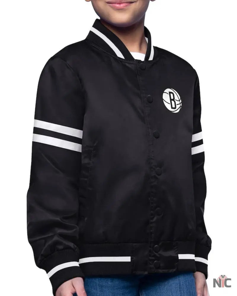 Youth Brooklyn Nets Starter Black Printed Logo Varsity Satin Full-Snap Jacket