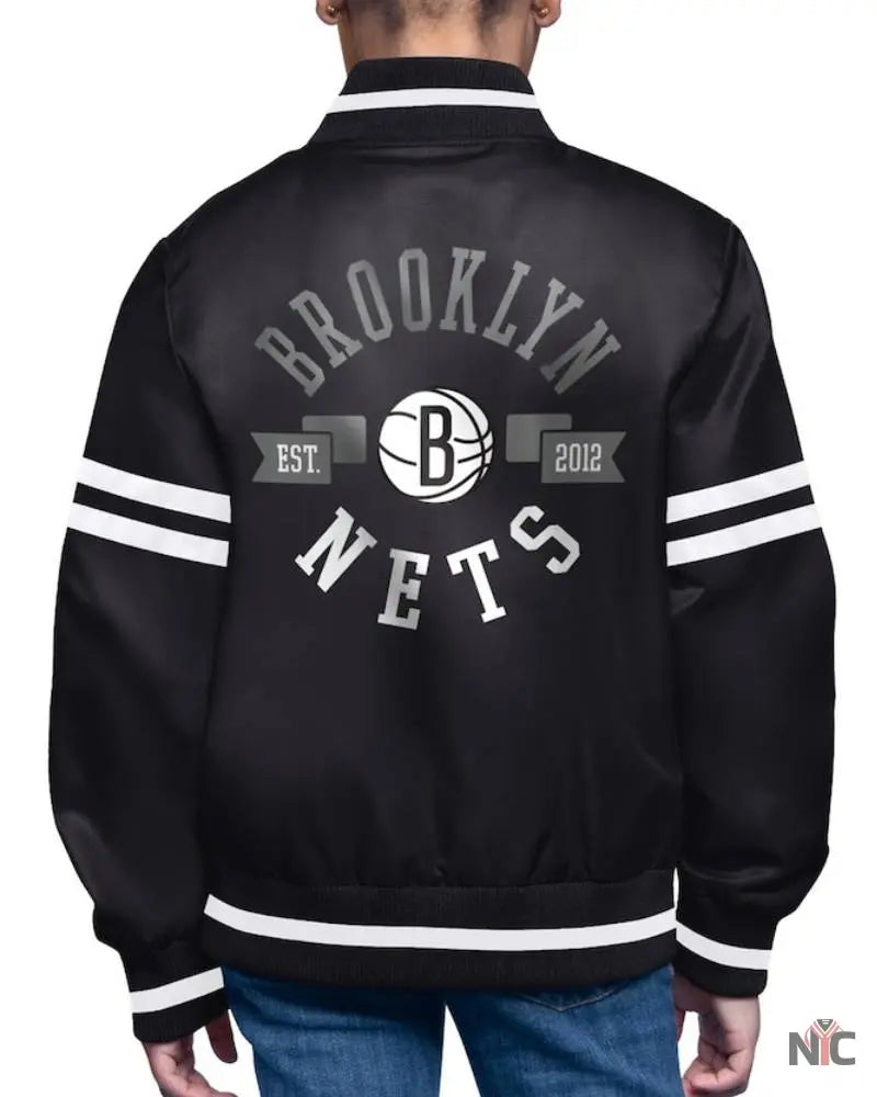 Youth Brooklyn Nets Starter Black Printed Logo Varsity Satin Full-Snap Jacket
