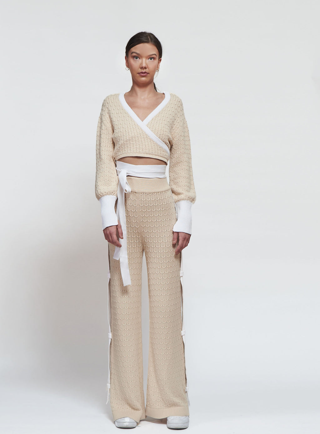 Primakind Zafira Knit Wrap Crop Top And Wide-Leg Pants Set