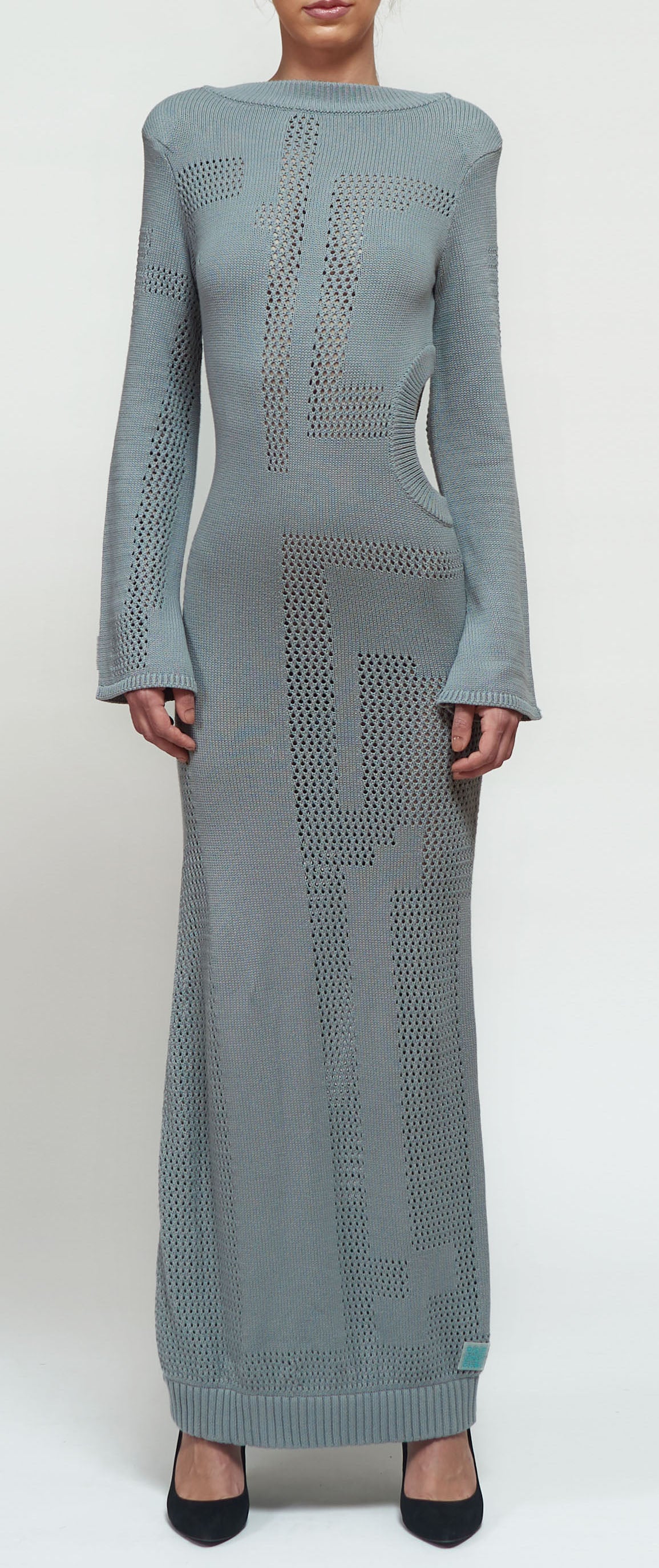 Primakind Zelda Cut Out Knit Maxi Dress With Boat Neck And Long Sleeves