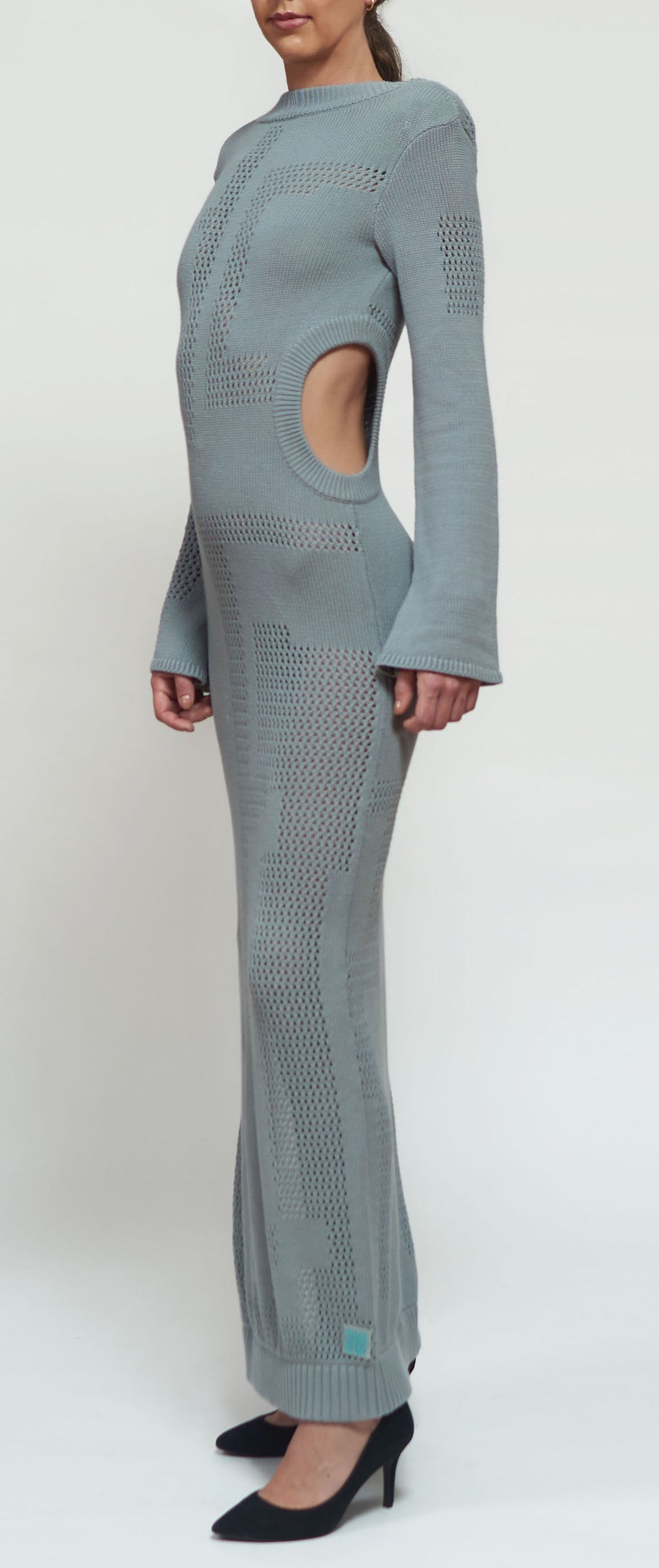 Primakind Zelda Cut Out Knit Maxi Dress With Boat Neck And Long Sleeves