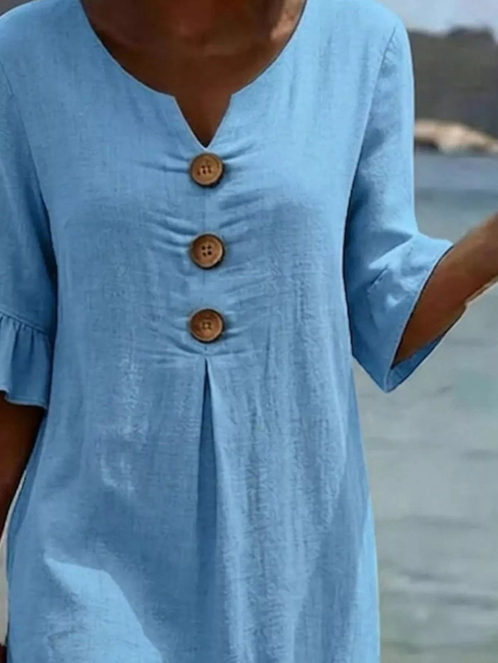 Primakind Full Size Button Decor Ruffle Sleeve Midi Dress Plus Size
