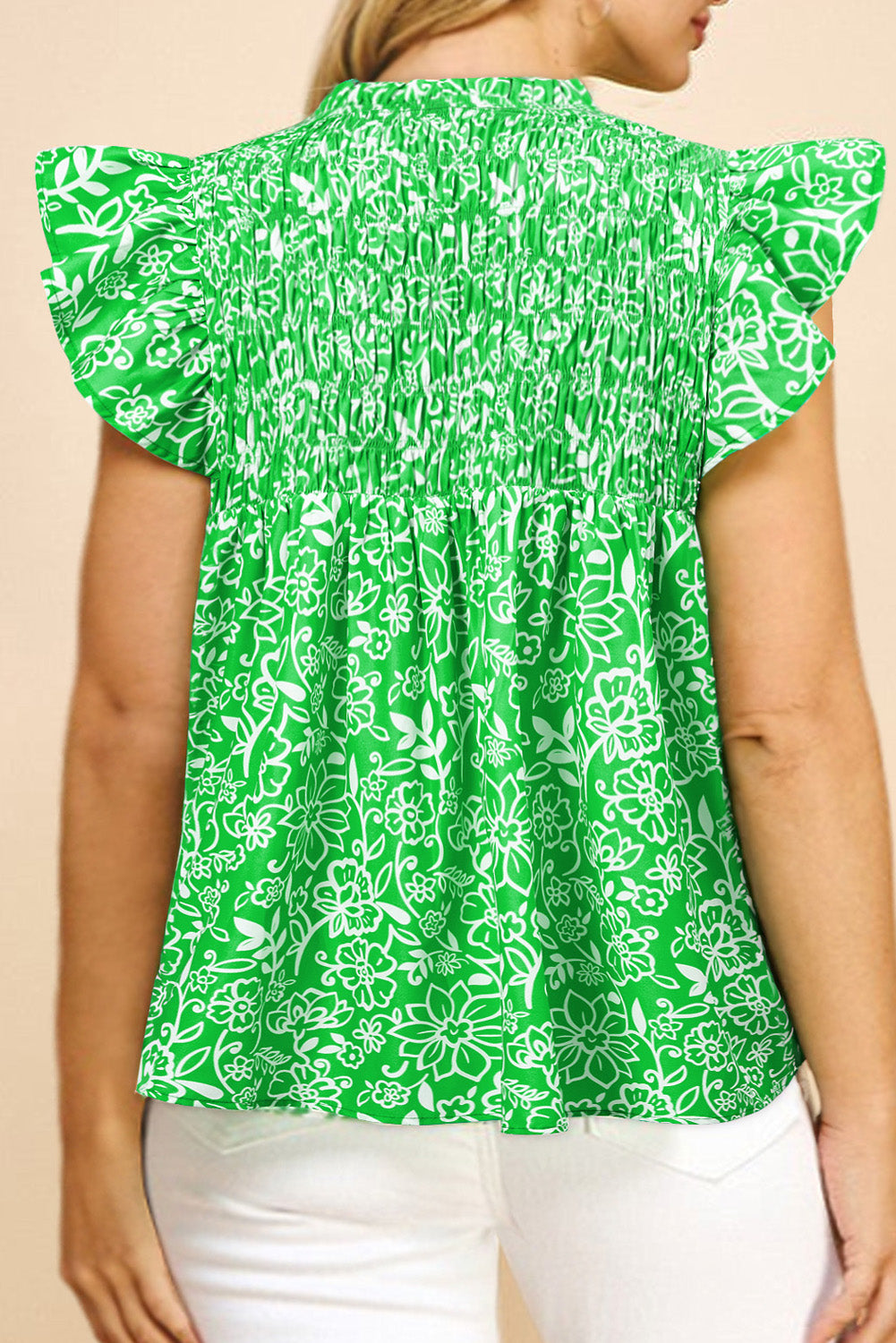 Primakind Green Floral Flutter Sleeve Shirred Notched Neck Plus Size Blouse