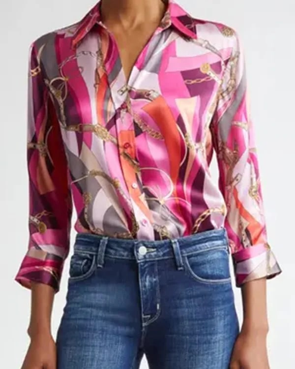 The Talk Natalie Morales Pink Silk Printed Shirt