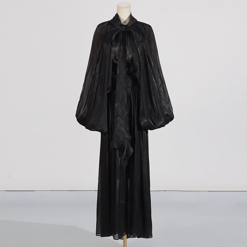 Primakind Balloon Sleeve Tie-Neck Maxi Dress