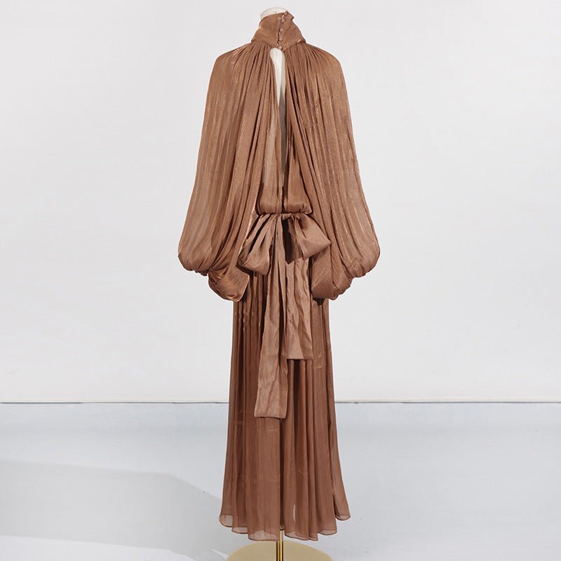 Primakind Balloon Sleeve Tie-Neck Maxi Dress