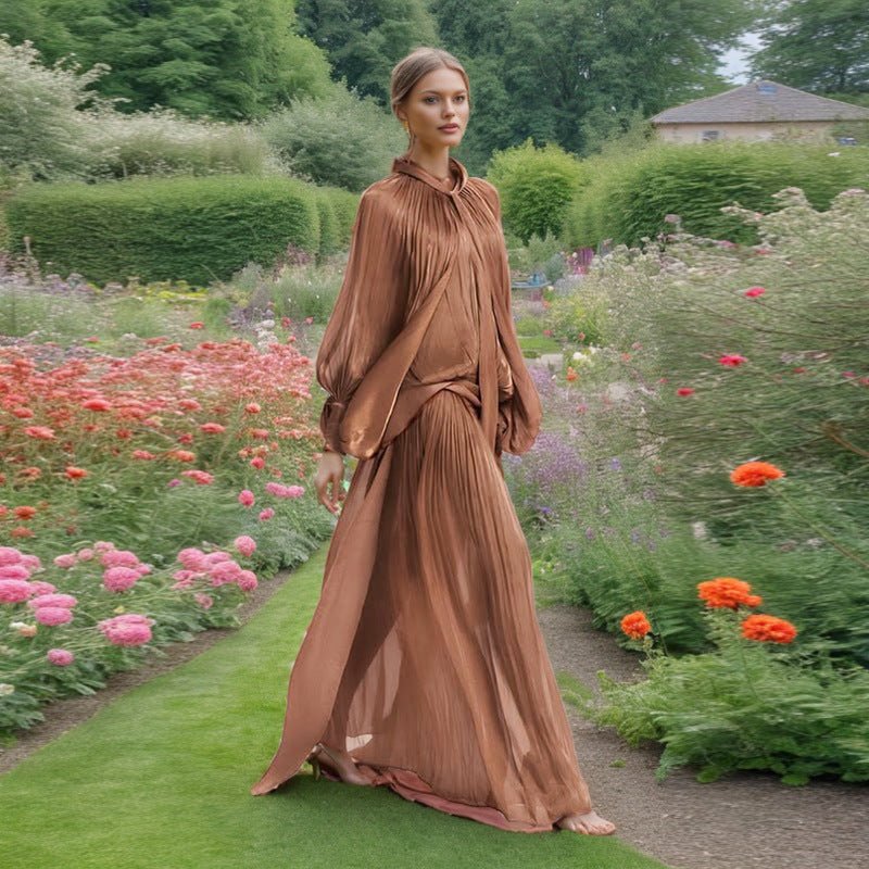 Primakind Balloon Sleeve Tie-Neck Maxi Dress