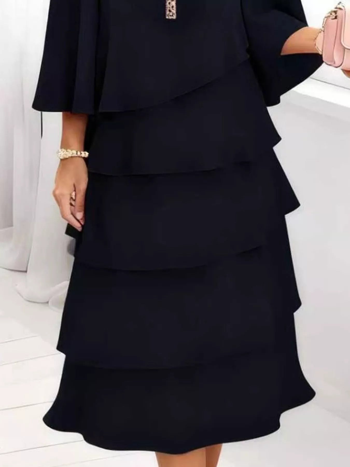 Primakind Full Size Ruffled Layered 3/4 Sleeve Dress Plus Size