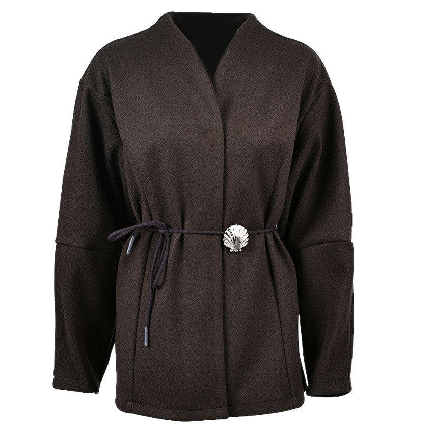 Primakind Belted Wool Coat with Shell Brooch
