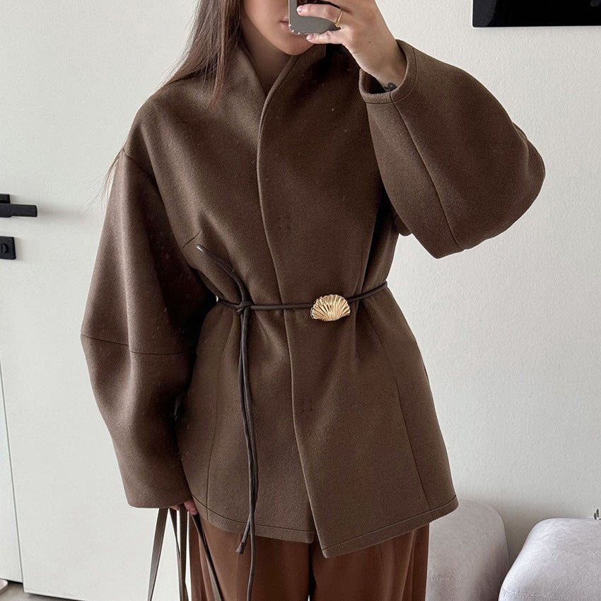 Primakind Belted Wool Coat with Shell Brooch