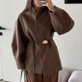 Primakind Belted Wool Coat with Shell Brooch