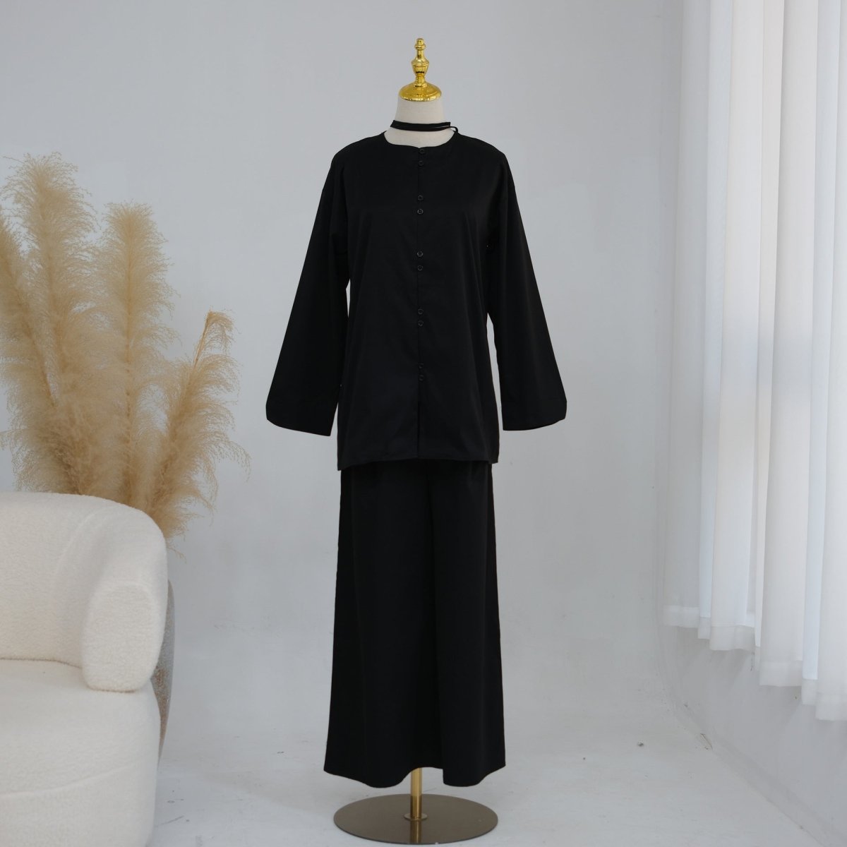 PrimaKind Button-Front Longline Top & Wide-Leg Trouser Set
