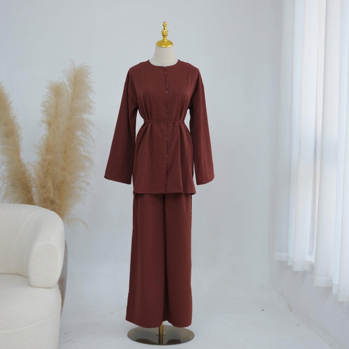 PrimaKind Button-Front Longline Top & Wide-Leg Trouser Set