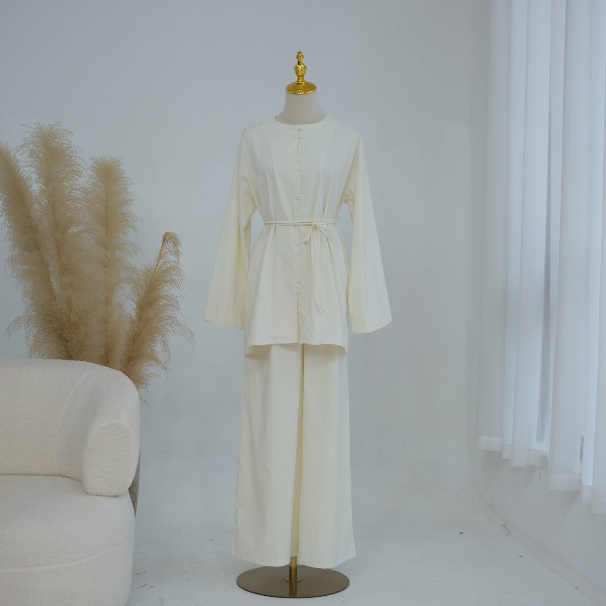 PrimaKind Button-Front Longline Top & Wide-Leg Trouser Set