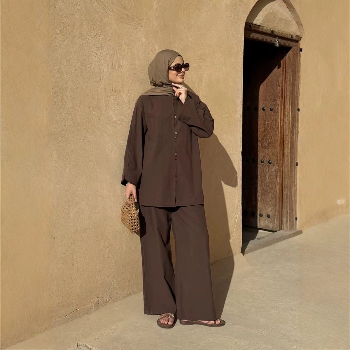 PrimaKind Button-Front Longline Top & Wide-Leg Trouser Set