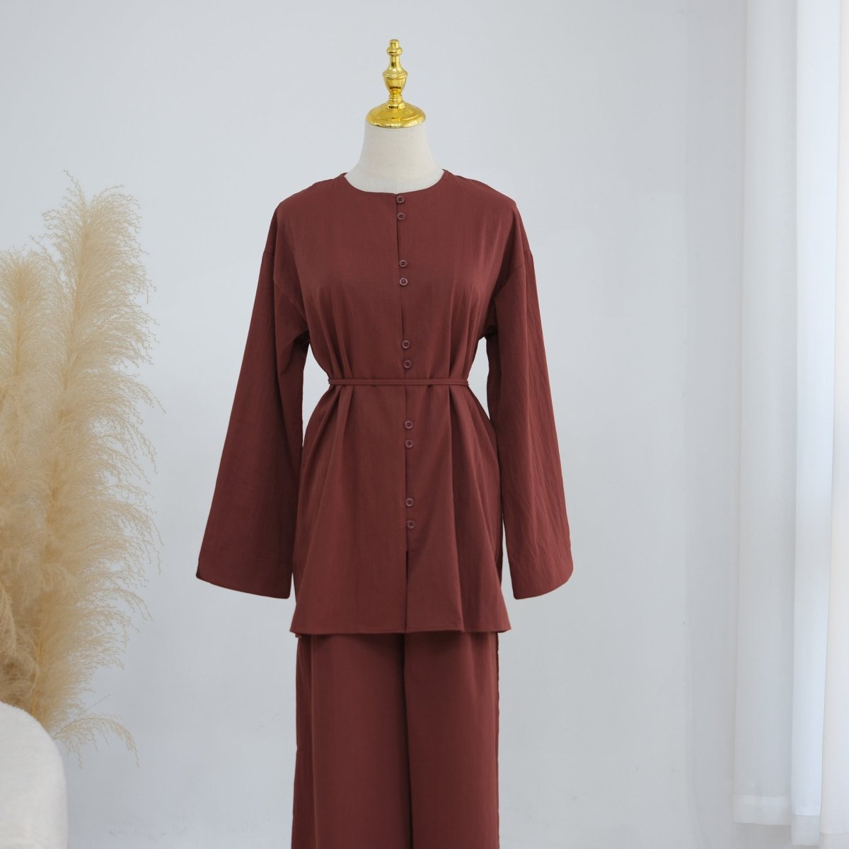 PrimaKind Button-Front Longline Top & Wide-Leg Trouser Set