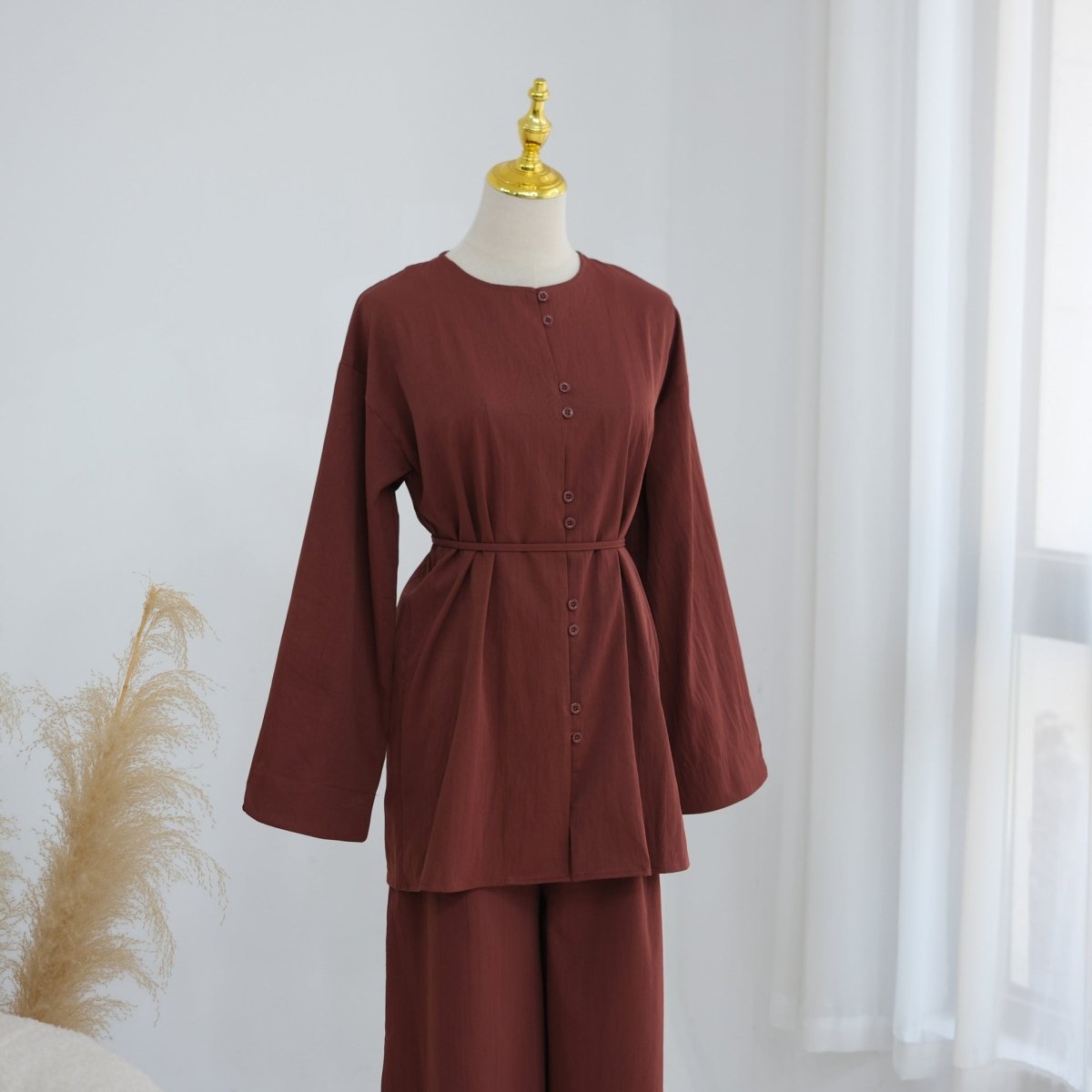 PrimaKind Button-Front Longline Top & Wide-Leg Trouser Set