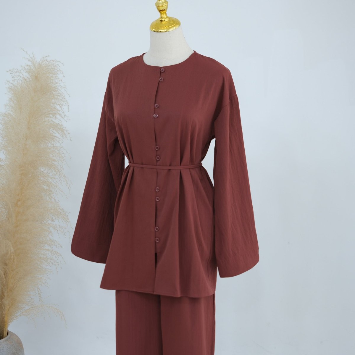 PrimaKind Button-Front Longline Top & Wide-Leg Trouser Set