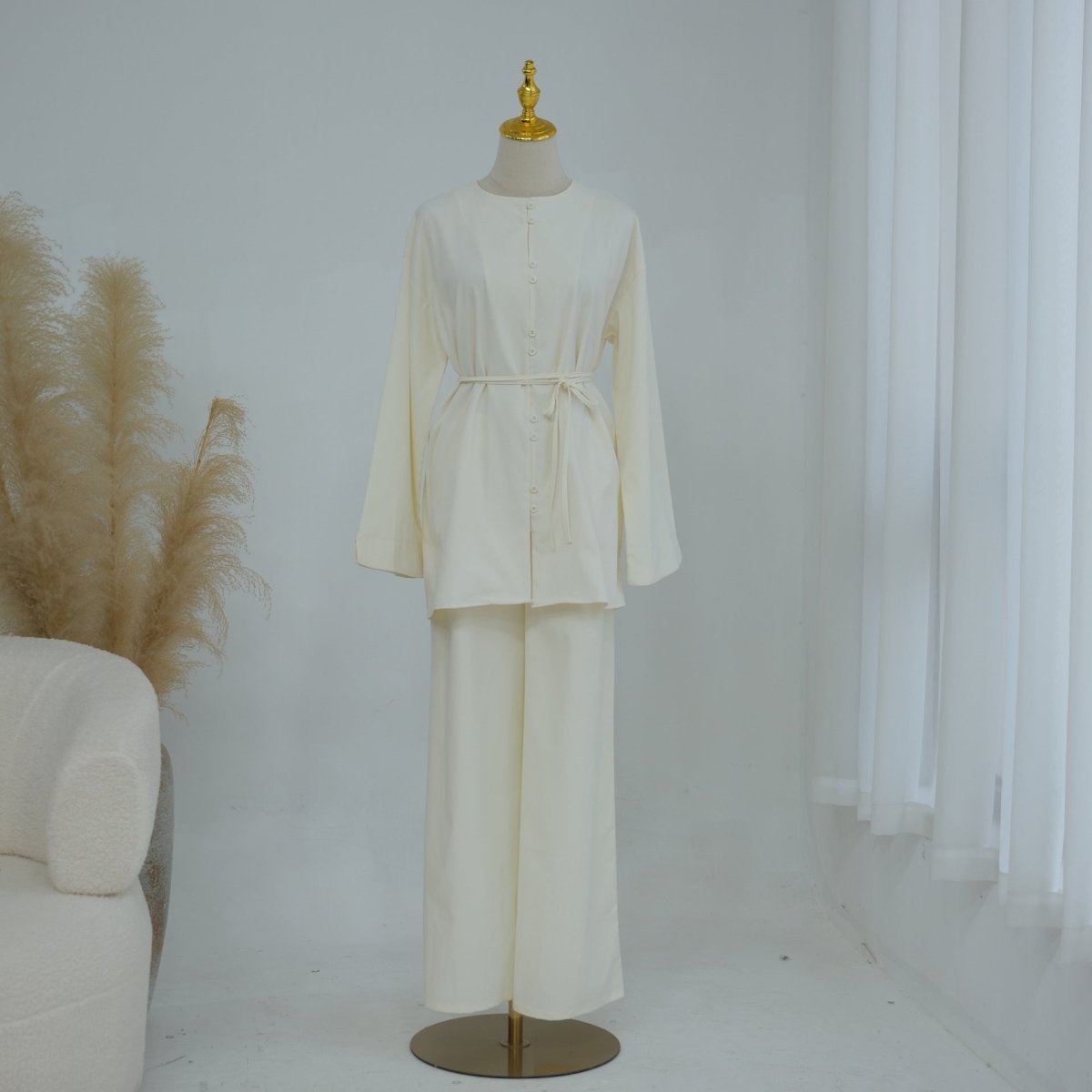 PrimaKind Button-Front Longline Top & Wide-Leg Trouser Set