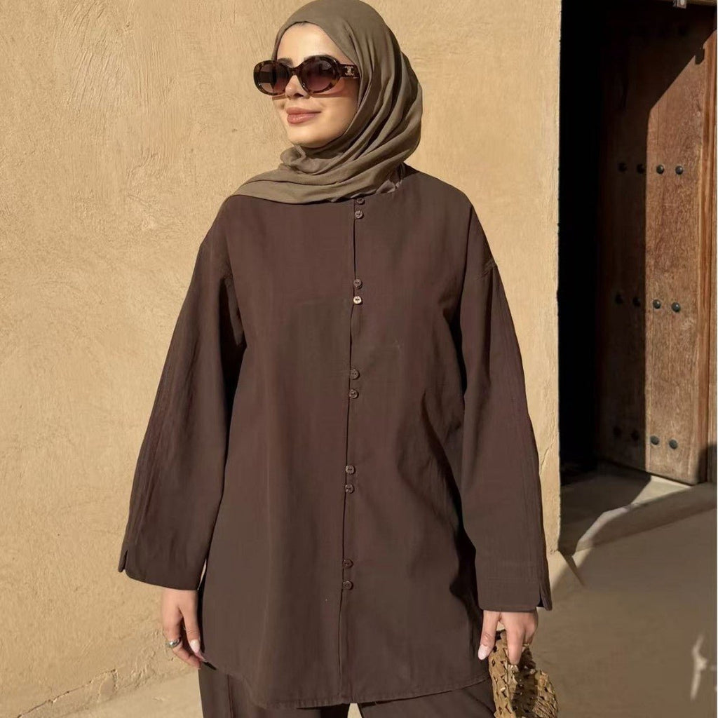 PrimaKind Button-Front Longline Top & Wide-Leg Trouser Set
